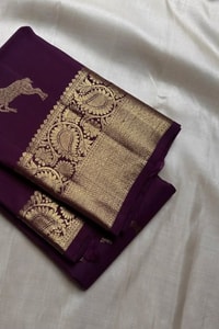 Deer Motif Banarasi Soft Silk Saree with Gold Zari Border in Black, Blue, Red and Wine  in Surat