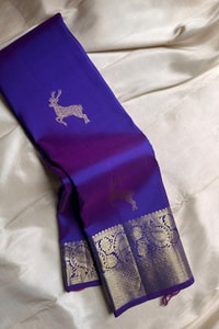 Deer Motif Banarasi Soft Silk Saree with Gold Zari Border in Black, Blue, Red and Wine  in Surat