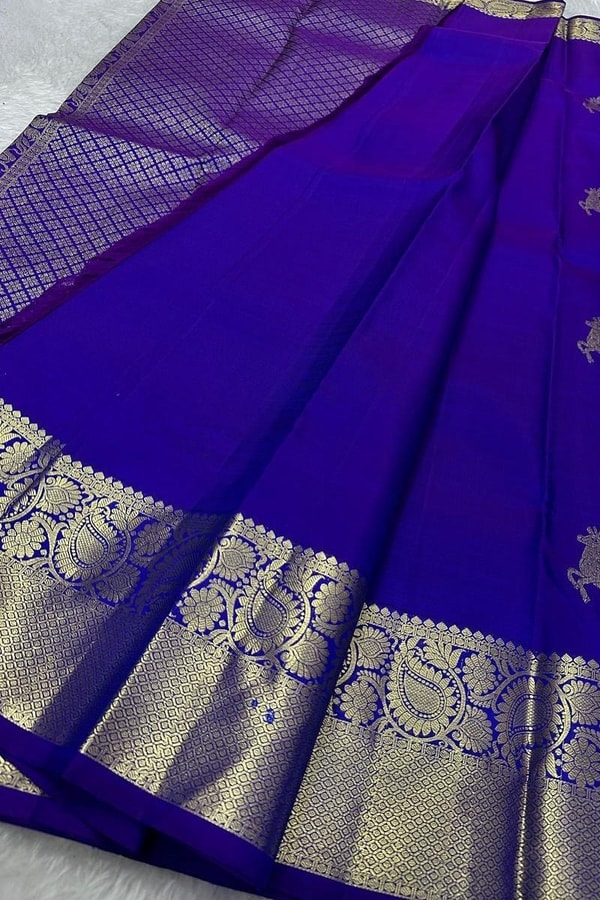 Deer Motif Banarasi Soft Silk Saree with Gold Zari Border in Black, Blue, Red and Wine  in Surat