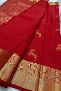 Deer Motif Banarasi Soft Silk Saree with Gold Zari Border in Black, Blue, Red and Wine  in Surat