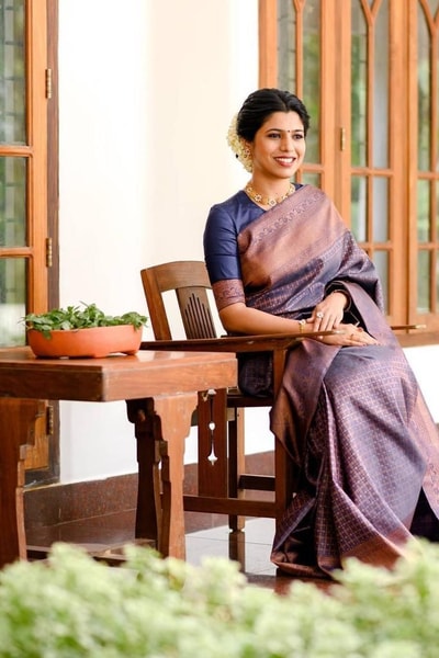 Dusty Mauve Banarasi Soft Silk Saree with Copper Zari Weaving and Striped Pallu in Surat