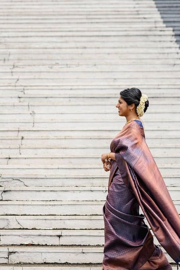 Dusty Mauve Banarasi Soft Silk Saree with Copper Zari Weaving and Striped Pallu  in Surat