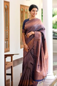 Dusty Mauve Banarasi Soft Silk Saree with Copper Zari Weaving and Striped Pallu  in Surat