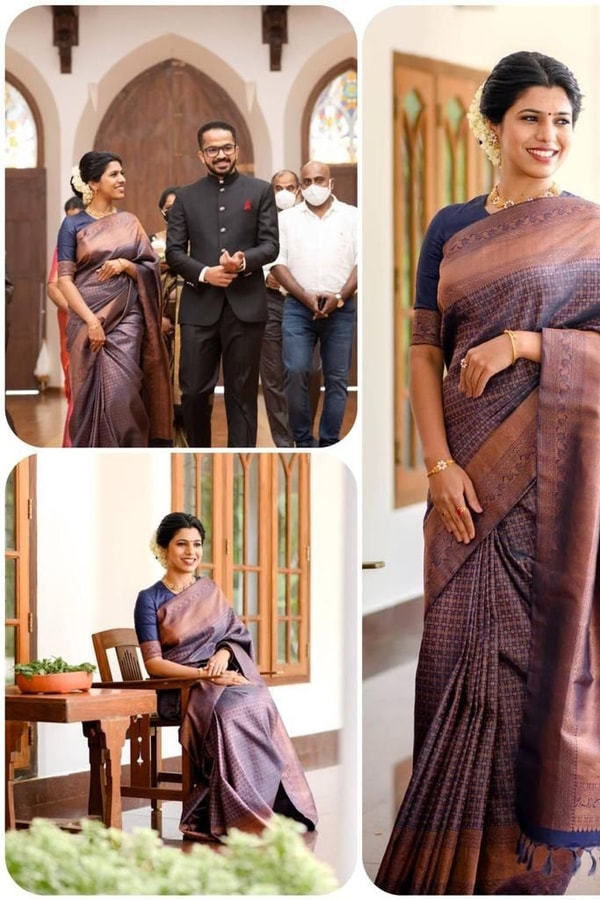 Dusty Mauve Banarasi Soft Silk Saree with Copper Zari Weaving and Striped Pallu  in Surat