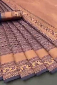 Dusty Mauve Banarasi Soft Silk Saree with Copper Zari Weaving and Striped Pallu  in Surat video 1