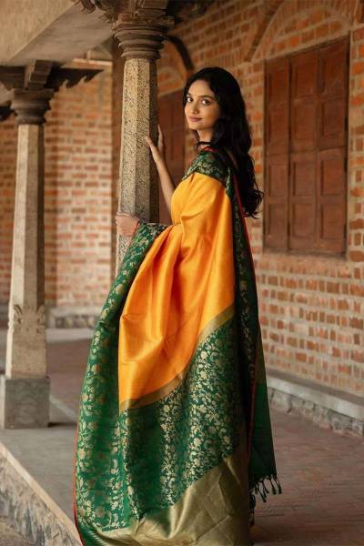 Elegant Banarasi Soft Silk Saree with Fancy Floral Border and Golden Zari Weaving in Surat