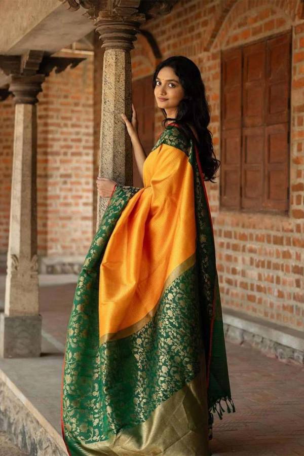 Elegant Banarasi Soft Silk Saree with Fancy Floral Border and Golden Zari Weaving  in Surat