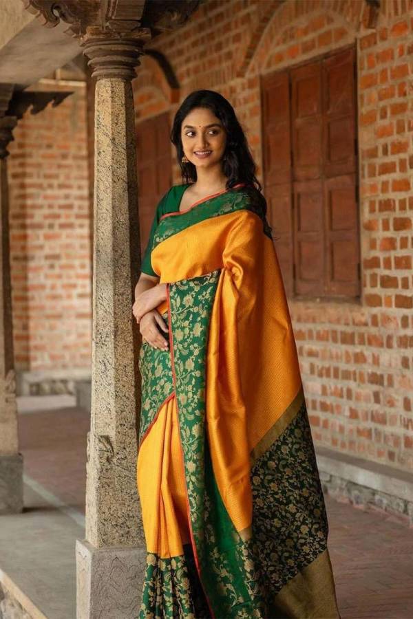 Elegant Banarasi Soft Silk Saree with Fancy Floral Border and Golden Zari Weaving  in Surat