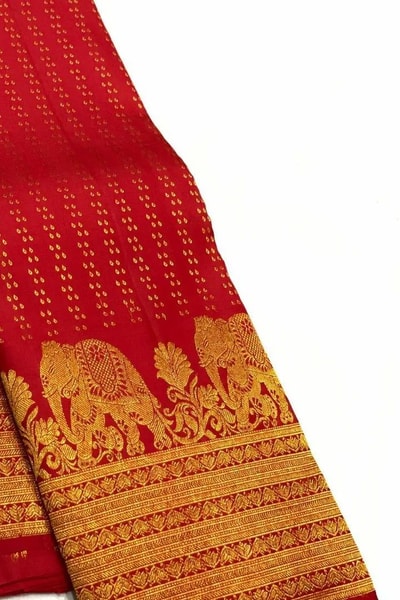 Elephant Border Banarasi Soft Silk Saree with Gold Zari Buttis in Red and Wine in Surat
