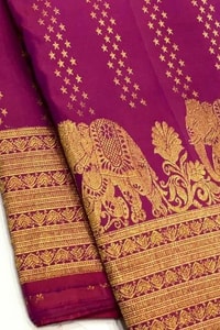 Elephant Border Banarasi Soft Silk Saree with Gold Zari Buttis in Red and Wine  in Surat