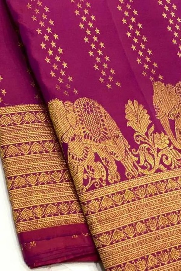 Elephant Border Banarasi Soft Silk Saree with Gold Zari Buttis in Red and Wine  in Surat