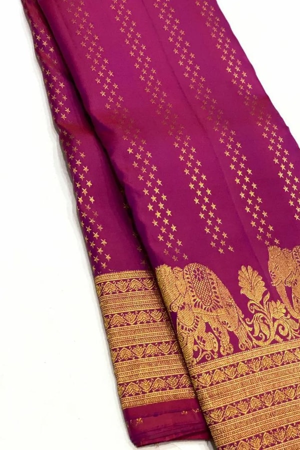 Elephant Border Banarasi Soft Silk Saree with Gold Zari Buttis in Red and Wine  in Surat