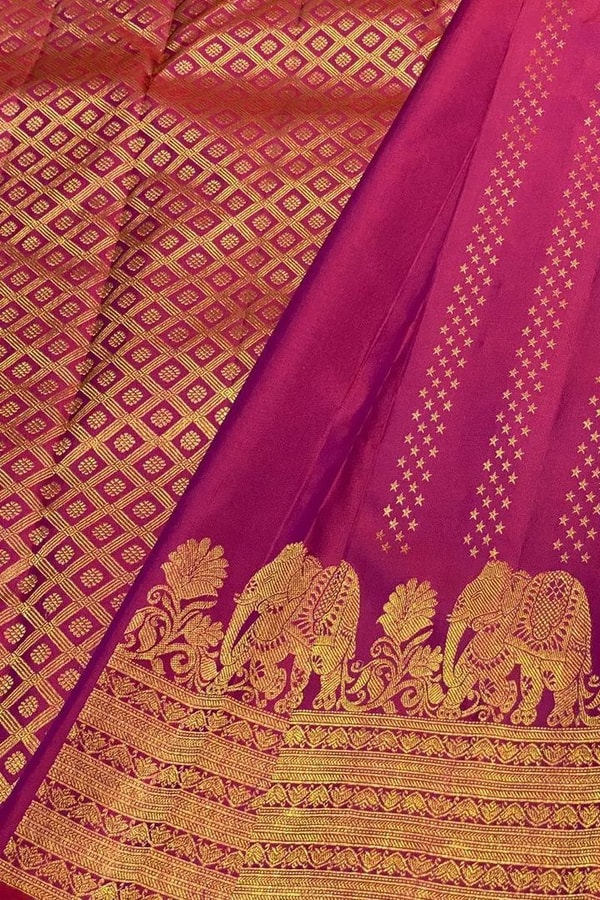 Elephant Border Banarasi Soft Silk Saree with Gold Zari Buttis in Red and Wine  in Surat