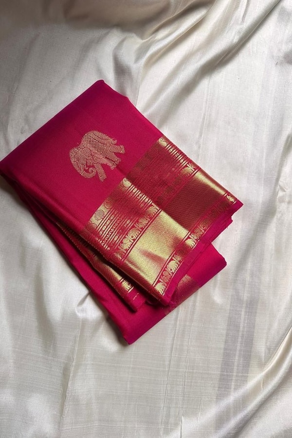 Elephant Motif Banarasi Soft Silk Saree with Gold Zari Border in Black, Pink, Red and Royal Blue  in Surat