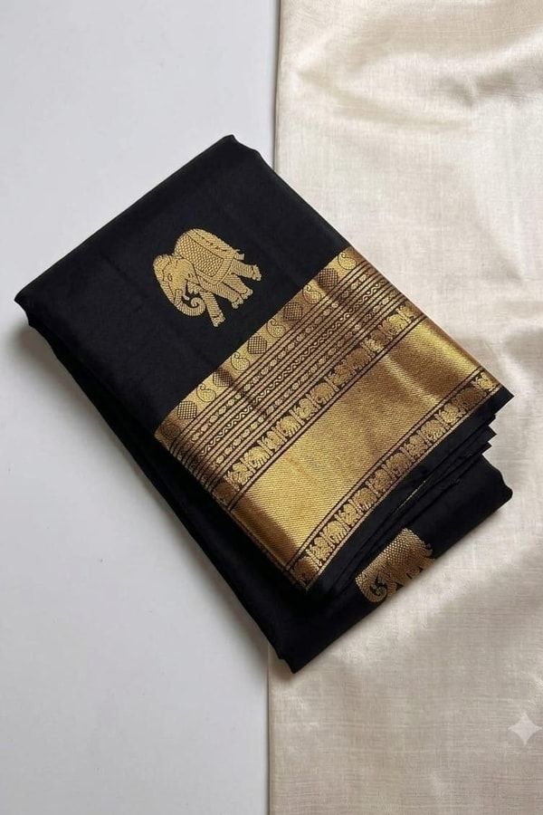 Elephant Motif Banarasi Soft Silk Saree with Gold Zari Border in Black, Pink, Red and Royal Blue  in Surat