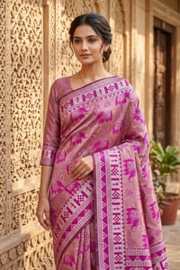 Elephant Motif Banarasi Soft Silk Saree with Ikat Style Woven Border in Six Colours  in Surat