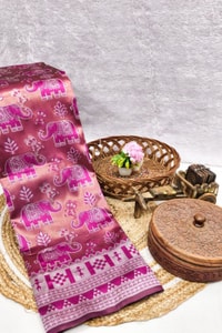 Elephant Motif Banarasi Soft Silk Saree with Ikat Style Woven Border in Six Colours  in Surat