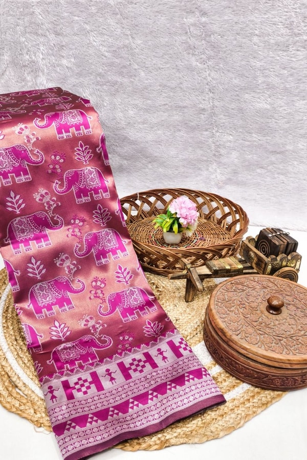 Elephant Motif Banarasi Soft Silk Saree with Ikat Style Woven Border in Six Colours  in Surat