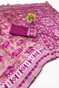 Elephant Motif Banarasi Soft Silk Saree with Ikat Style Woven Border in Six Colours  in Surat