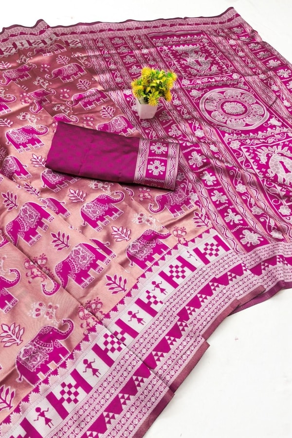 Elephant Motif Banarasi Soft Silk Saree with Ikat Style Woven Border in Six Colours  in Surat