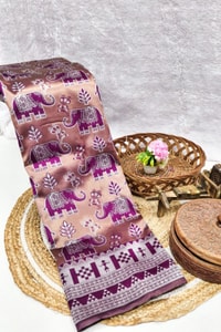 Elephant Motif Banarasi Soft Silk Saree with Ikat Style Woven Border in Six Colours  in Surat