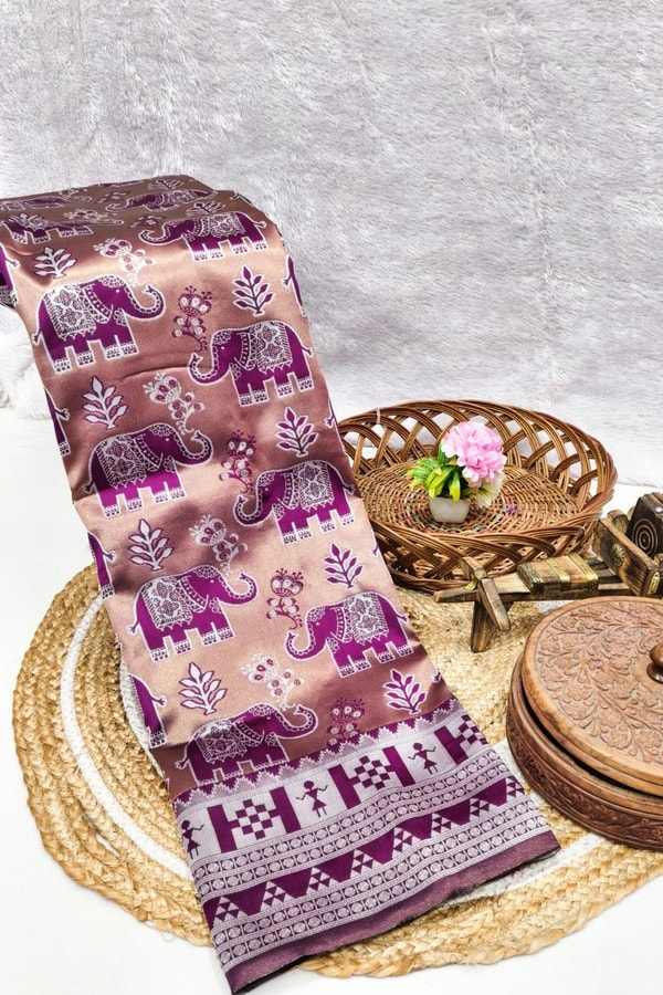 Elephant Motif Banarasi Soft Silk Saree with Ikat Style Woven Border in Six Colours  in Surat