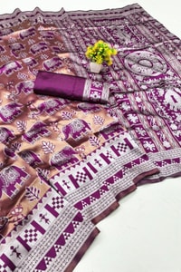 Elephant Motif Banarasi Soft Silk Saree with Ikat Style Woven Border in Six Colours  in Surat