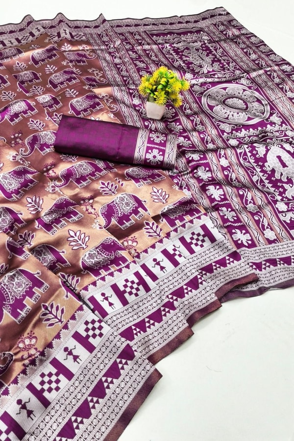 Elephant Motif Banarasi Soft Silk Saree with Ikat Style Woven Border in Six Colours  in Surat