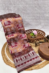 Elephant Motif Banarasi Soft Silk Saree with Ikat Style Woven Border in Six Colours  in Surat