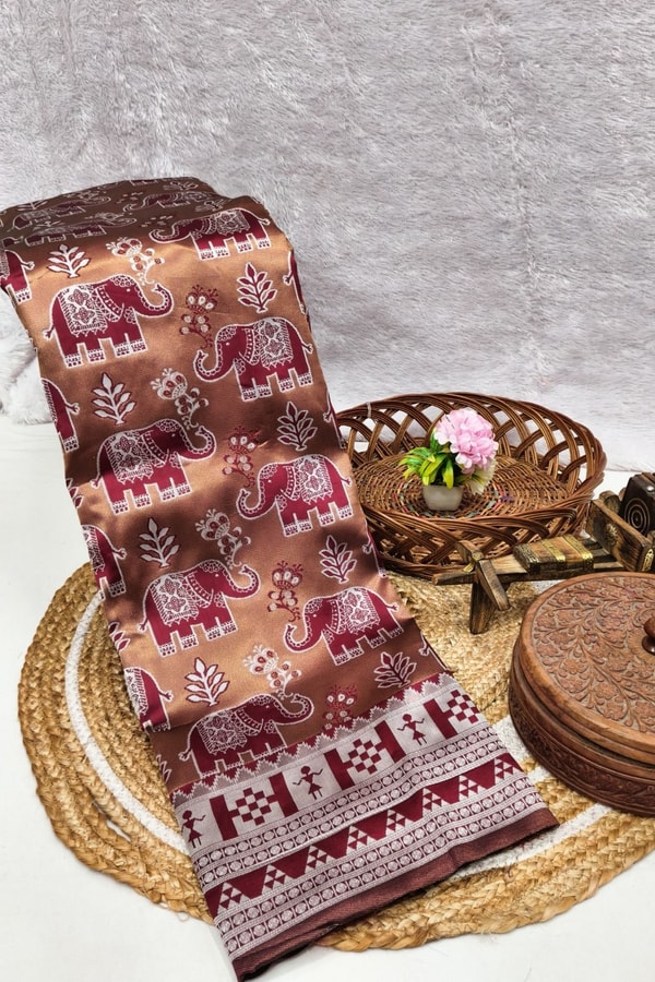 Elephant Motif Banarasi Soft Silk Saree with Ikat Style Woven Border in Six Colours  in Surat
