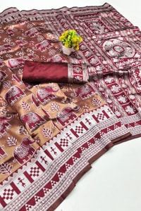 Elephant Motif Banarasi Soft Silk Saree with Ikat Style Woven Border in Six Colours  in Surat