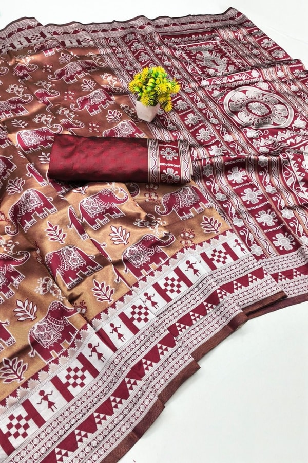 Elephant Motif Banarasi Soft Silk Saree with Ikat Style Woven Border in Six Colours  in Surat