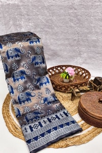 Elephant Motif Banarasi Soft Silk Saree with Ikat Style Woven Border in Six Colours  in Surat
