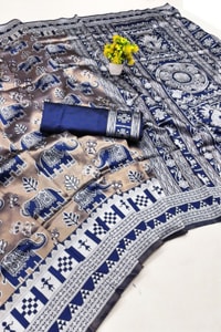 Elephant Motif Banarasi Soft Silk Saree with Ikat Style Woven Border in Six Colours  in Surat