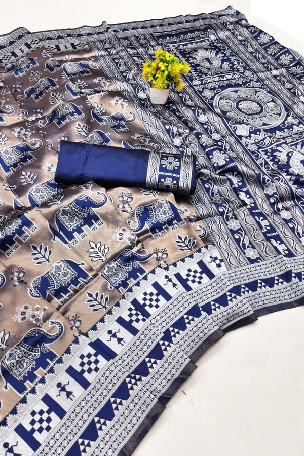Elephant Motif Banarasi Soft Silk Saree with Ikat Style Woven Border in Six Colours  in Surat