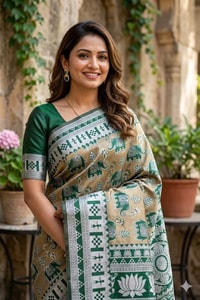Elephant Motif Banarasi Soft Silk Saree with Ikat Style Woven Border in Six Colours  in Surat