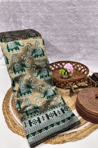 Elephant Motif Banarasi Soft Silk Saree with Ikat Style Woven Border in Six Colours  in Surat