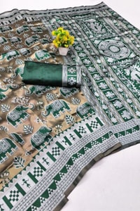 Elephant Motif Banarasi Soft Silk Saree with Ikat Style Woven Border in Six Colours  in Surat