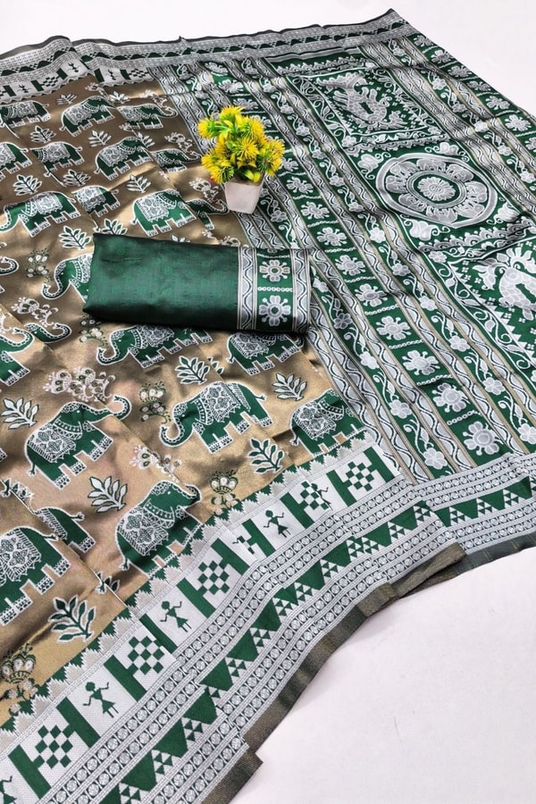 Elephant Motif Banarasi Soft Silk Saree with Ikat Style Woven Border in Six Colours  in Surat