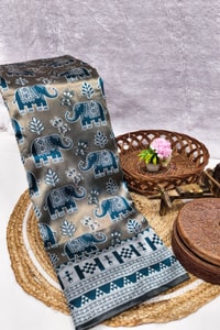 Elephant Motif Banarasi Soft Silk Saree with Ikat Style Woven Border in Six Colours  in Surat