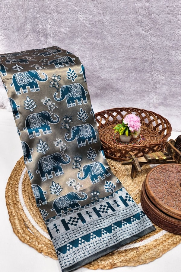 Elephant Motif Banarasi Soft Silk Saree with Ikat Style Woven Border in Six Colours  in Surat