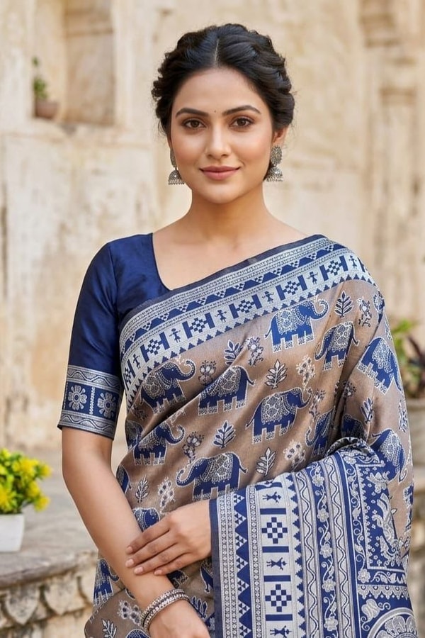 Elephant Motif Banarasi Soft Silk Saree with Ikat Style Woven Border in Six Colours  in Surat