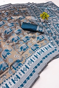 Elephant Motif Banarasi Soft Silk Saree with Ikat Style Woven Border in Six Colours  in Surat