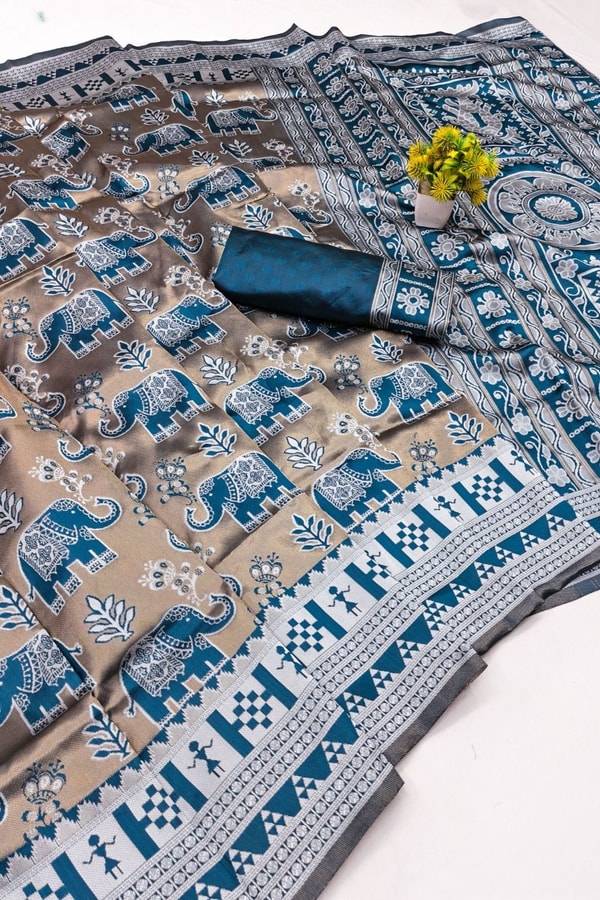 Elephant Motif Banarasi Soft Silk Saree with Ikat Style Woven Border in Six Colours  in Surat