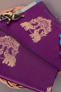 Elephant and Tree Motif Banarasi Soft Silk Saree with Gold Zari Buttas and Contrast Pallu  in Surat