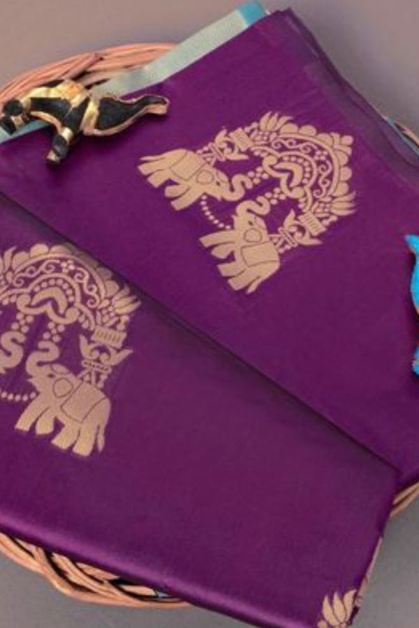 Elephant and Tree Motif Banarasi Soft Silk Saree with Gold Zari Buttas and Contrast Pallu  in Surat