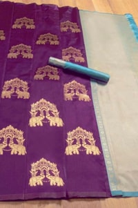 Elephant and Tree Motif Banarasi Soft Silk Saree with Gold Zari Buttas and Contrast Pallu  in Surat
