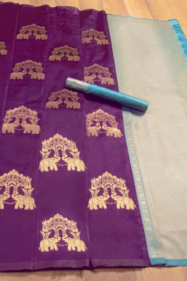 Elephant and Tree Motif Banarasi Soft Silk Saree with Gold Zari Buttas and Contrast Pallu  in Surat