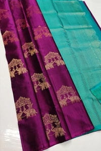 Elephant and Tree Motif Banarasi Soft Silk Saree with Gold Zari Buttas and Contrast Pallu  in Surat