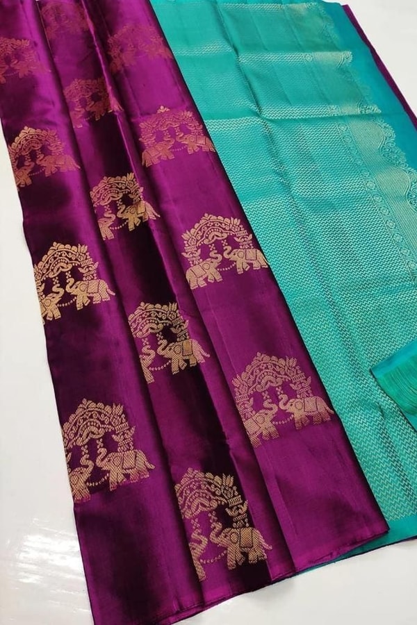Elephant and Tree Motif Banarasi Soft Silk Saree with Gold Zari Buttas and Contrast Pallu  in Surat